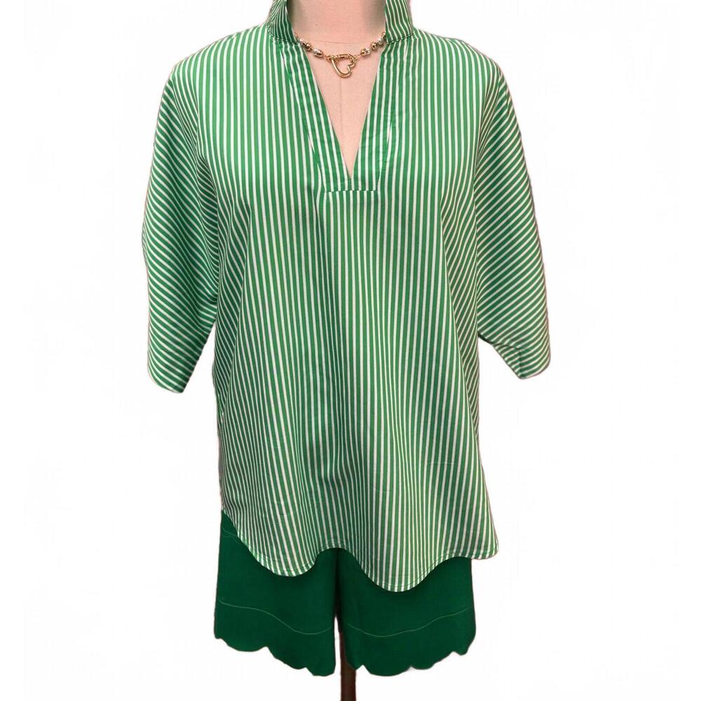 NEW CARYN LAWN women's striped notch-neck blouse in green & white